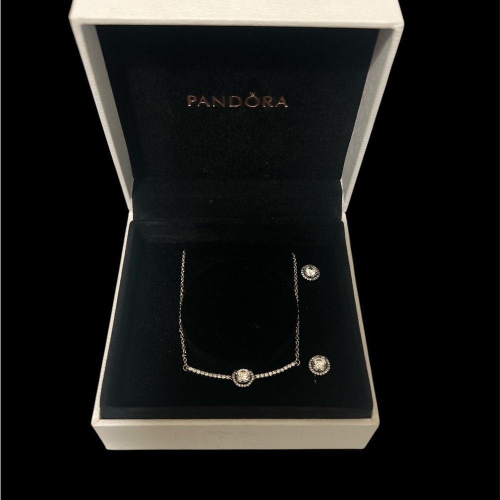 Pandora Silver Necklace and Earring Set with Sparkling Accents